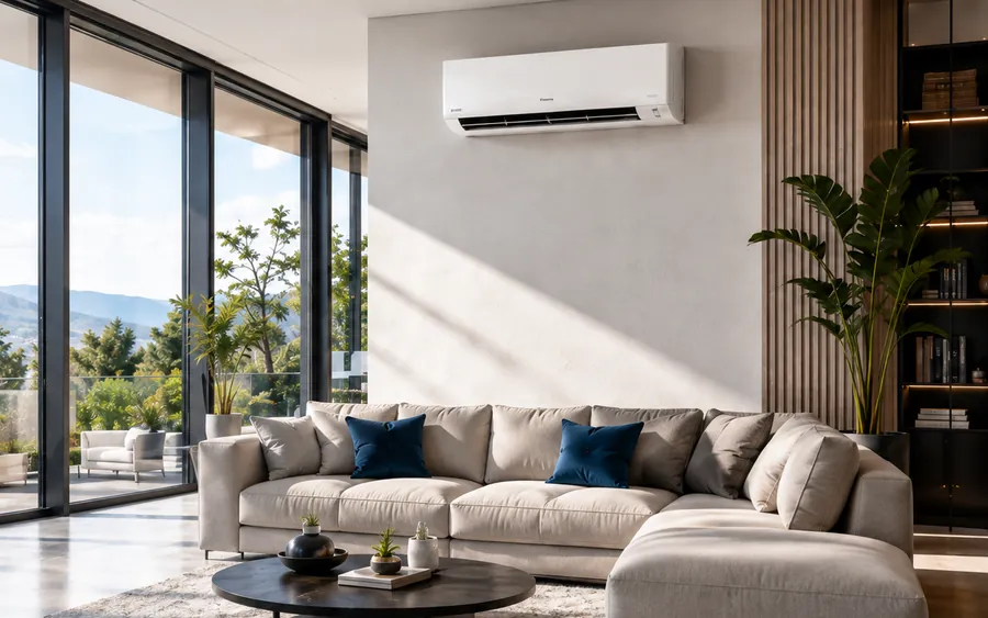Wohnzimmer mit installierter Split-Klimaanlage